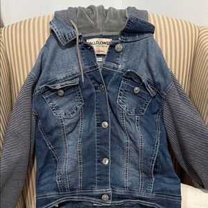 Women Denim Jacket with Hoodie style Gray Sleeves